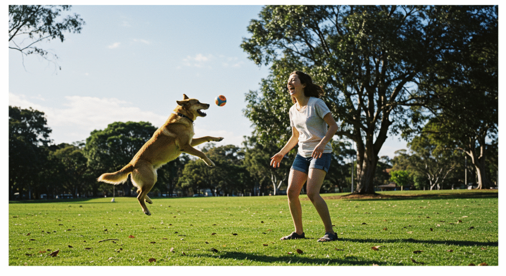 Pessoa e cachorro brincando no parque, ilustrando os impactos positivos de animais de estimação.