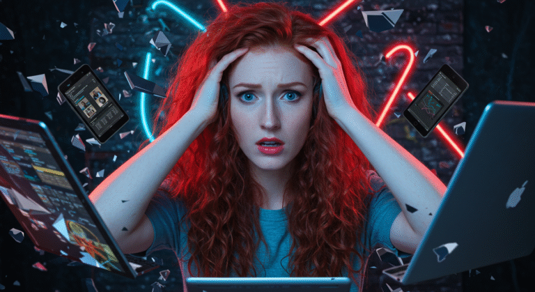 Pessoa parecendo estressada com vários dispositivos digitais