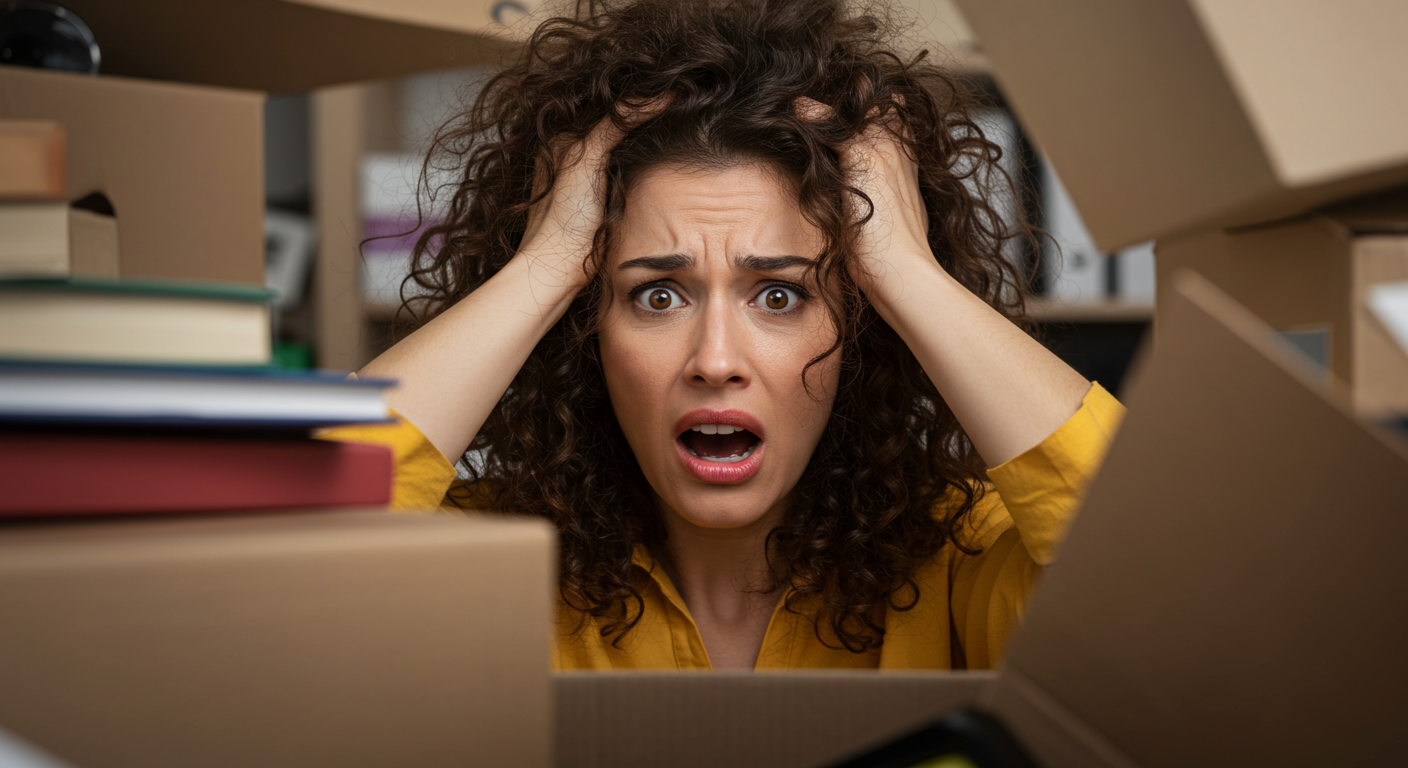 Pessoa sobrecarregada pela desordem, impacto negativo na saúde mental.