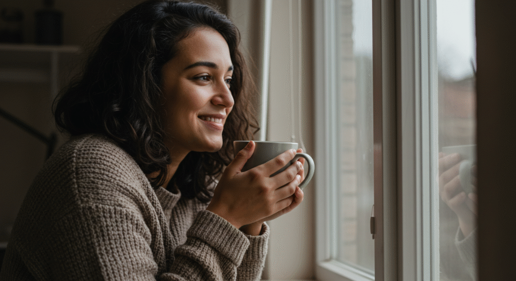 Pessoa sorrindo e olhando pela janela em ambiente aconchegante, transmitindo paz e reflexão.