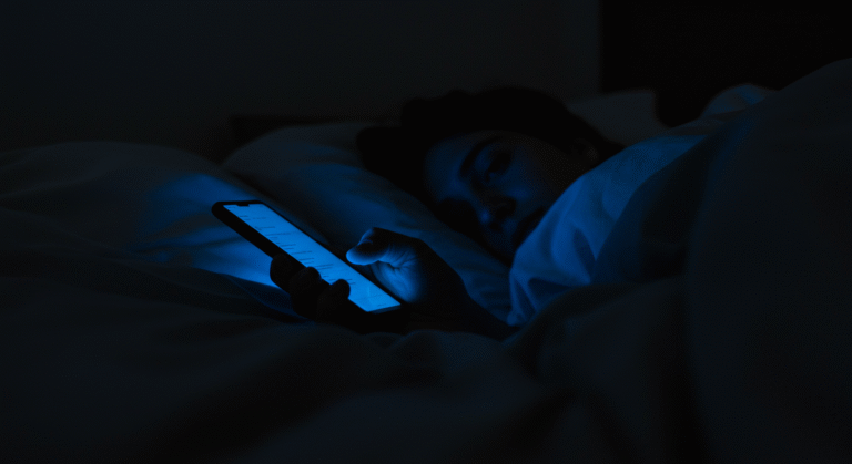 Pessoa usando celular no escuro antes de dormir, com o rosto iluminado pela tela, indicando problemas de sono.