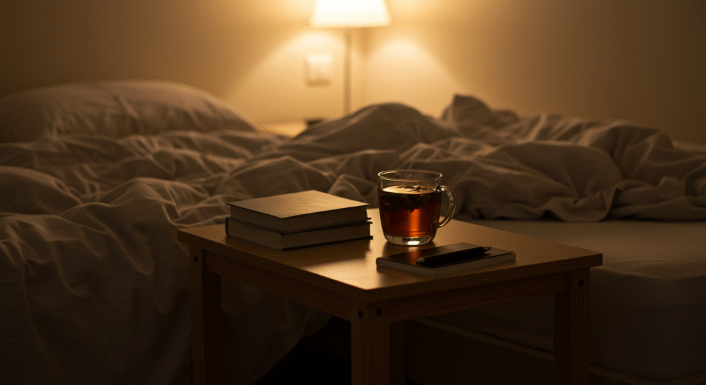 Quarto aconchegante com livro e chá, sem eletrônicos, sugerindo uma rotina noturna relaxante e propícia ao sono.