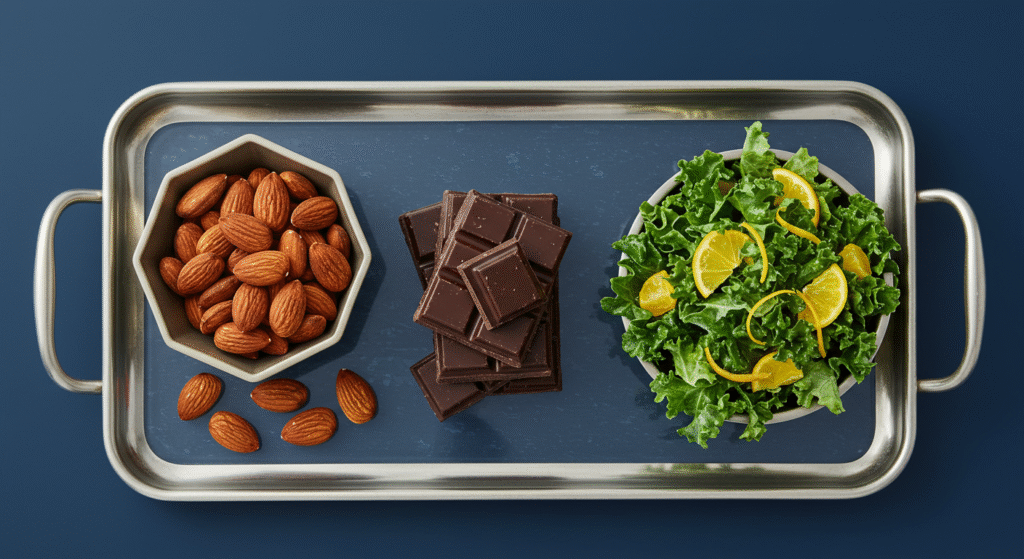 Uma disposição moderna de alimentos para nutrição para o cérebro em uma bandeja prateada.