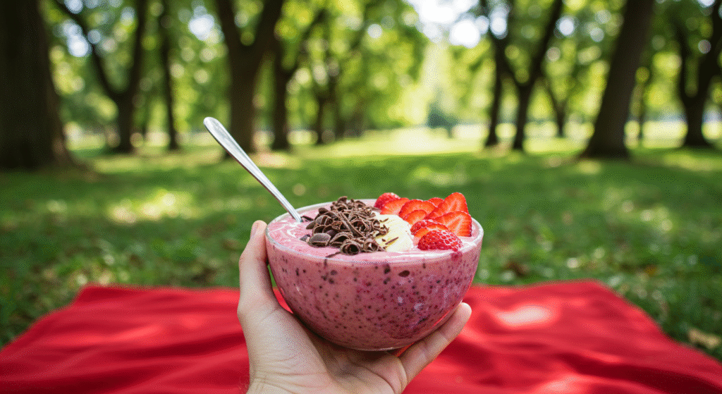 Uma pessoa saboreando um smoothie bowl para nutrição para o cérebro em um piquenique ao ar livre.