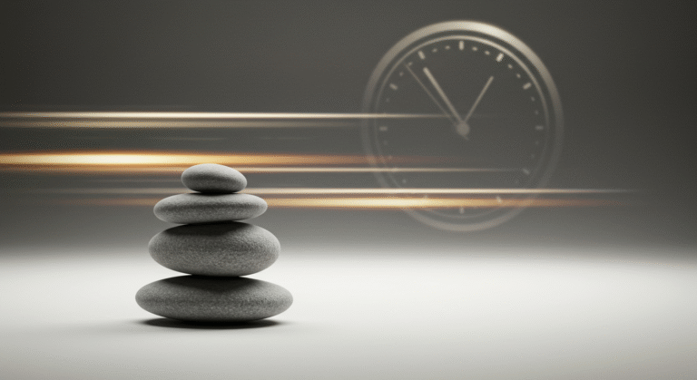 Uma torre de pedras equilibradas com fundo desfocado que sugere movimento, simbolizando a calma em meio à produtividade.