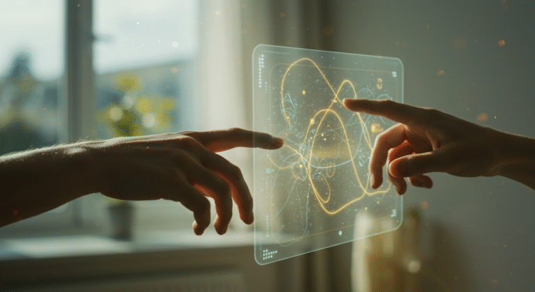 Mãos tocando interface de IA em ambiente tranquilo, representando harmonia entre ser humano e tecnologia.