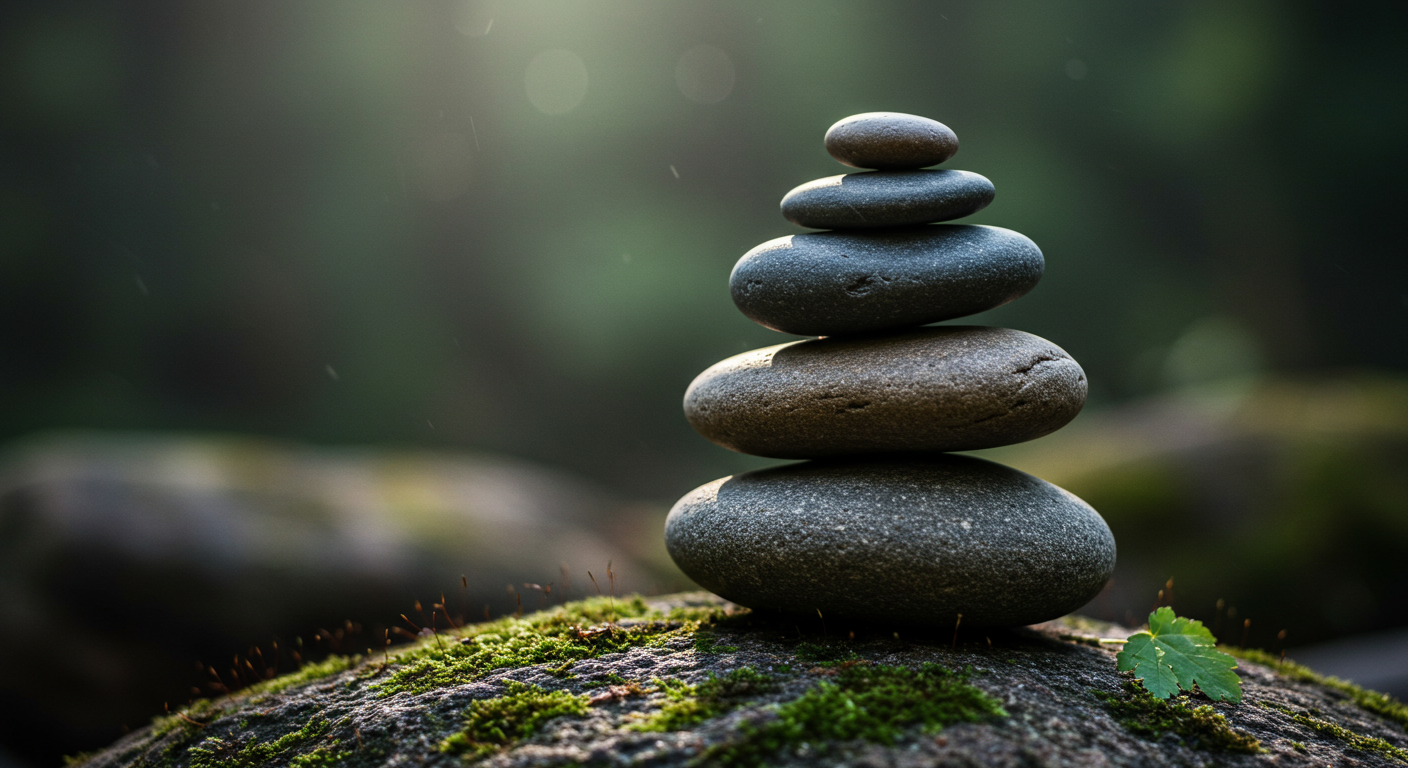 Pilha de pedras naturais em equilíbrio em ambiente calmo.