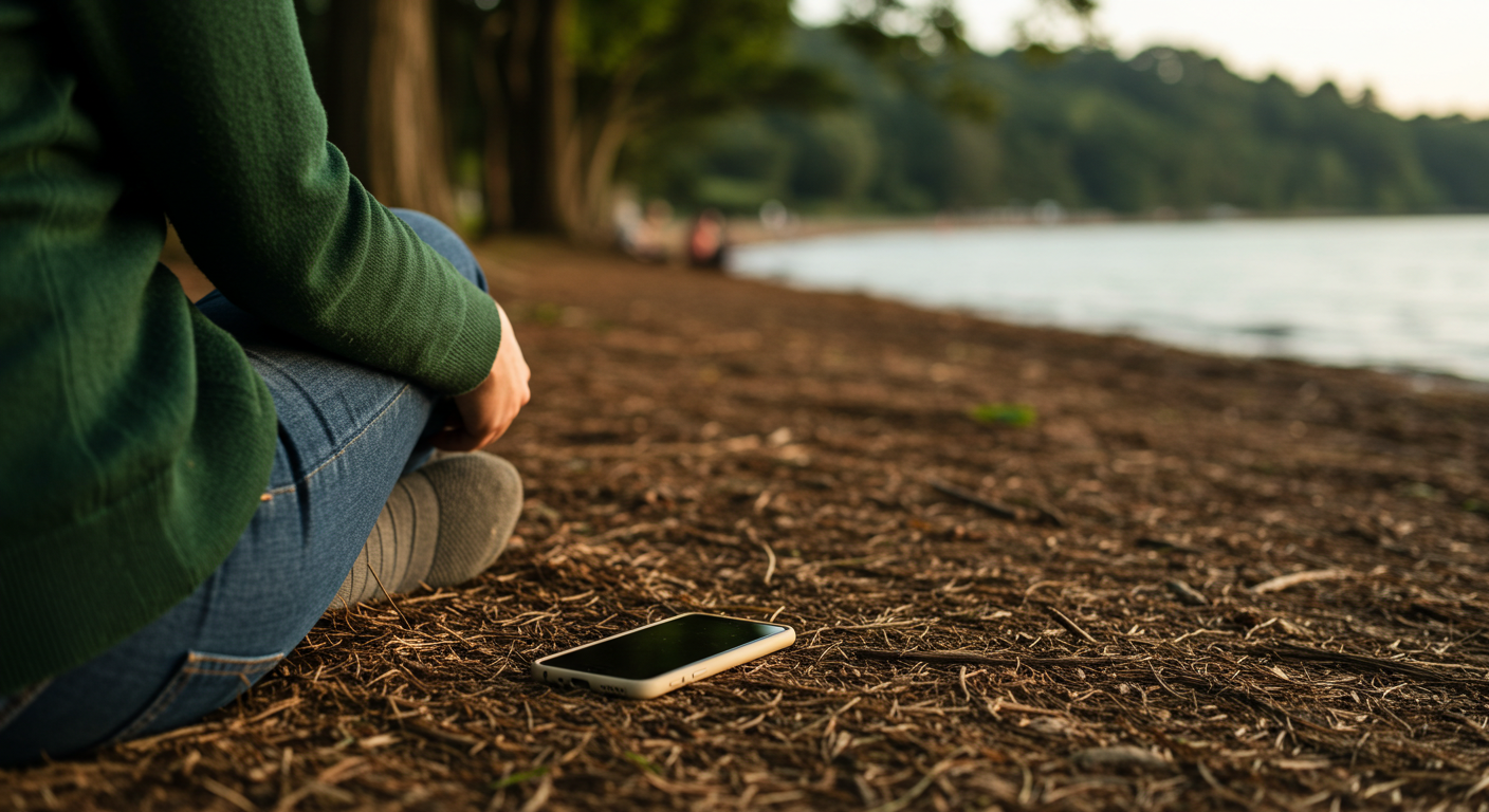 Pessoa em contato com a natureza com celular ao lado, desconectada.