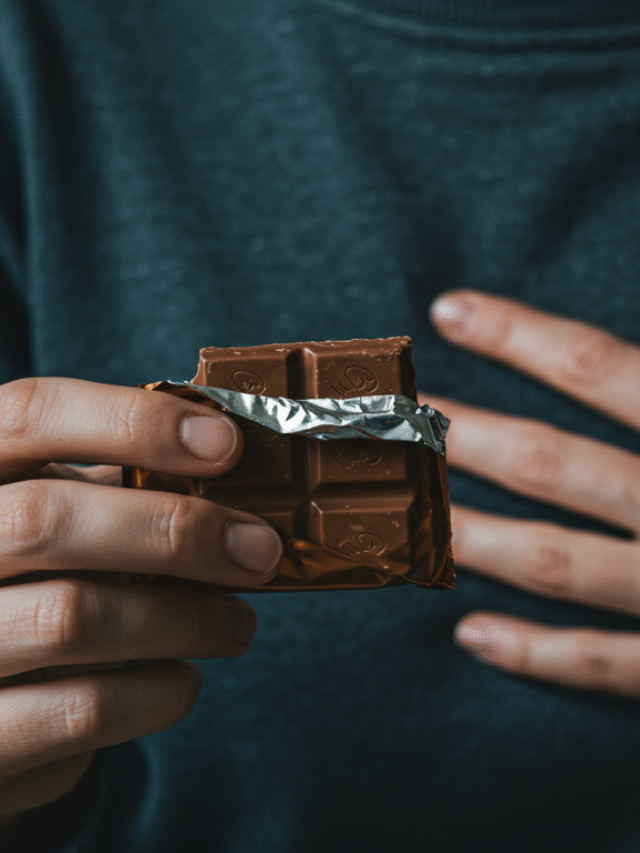 Mãos segurando um doce e tocando o peito, simbolizando a fome emocional e a conexão com as emoções.