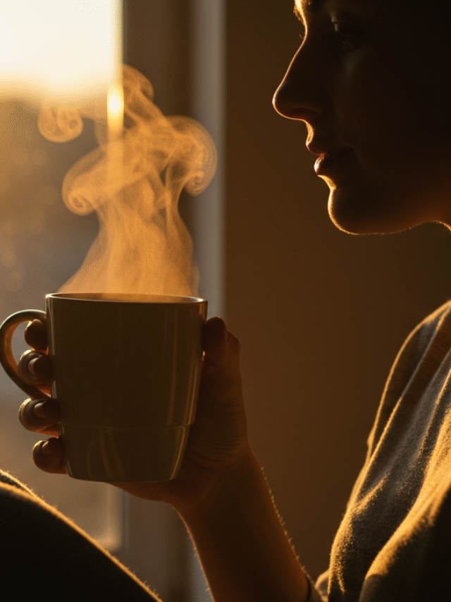 Pessoa desfrutando de uma manhã calma e ensolarada com café, representando uma rotina matinal transformadora.