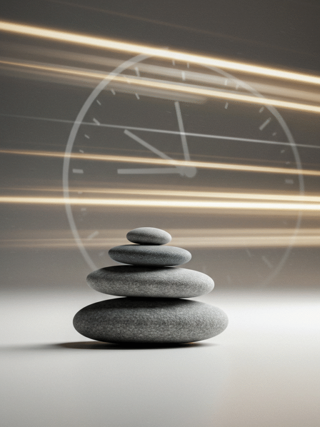 Uma torre de pedras equilibradas com fundo desfocado que sugere movimento, simbolizando a calma em meio à produtividade.