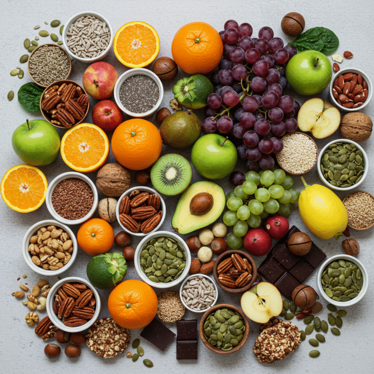 Uma mesa de frutas coloridas, nozes e chocolate amargo