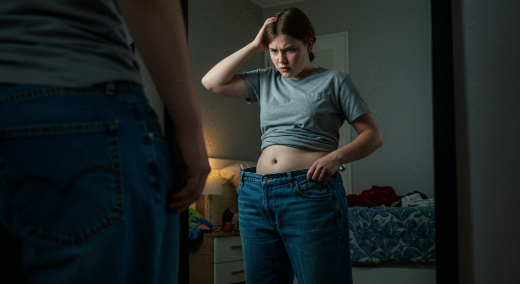 Adolescente com problemas de imagem corporal por refrigerante.