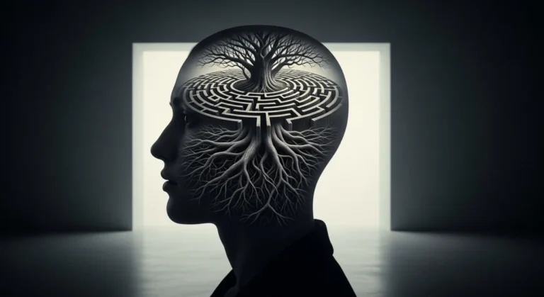 Cabeça com labirinto e raízes, autossabotagem