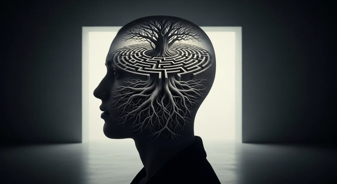 Cabeça com labirinto e raízes, autossabotagem