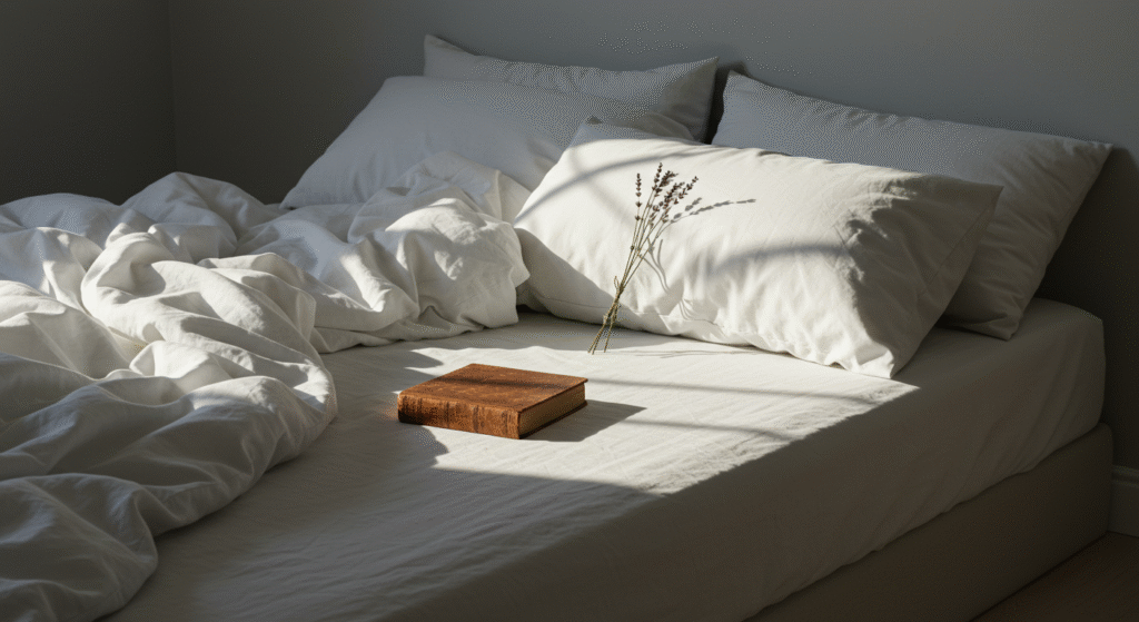Cama com livro aberto e lavanda.