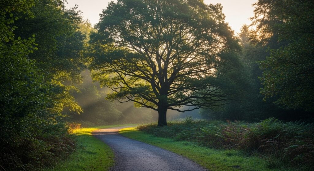 Caminho iluminado na floresta com carvalho majestoso.