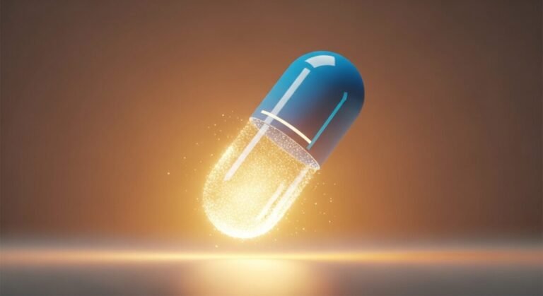 Cápsula conceitual de remédio dissolvendo em luz suave, representando inovação no emagrecimento