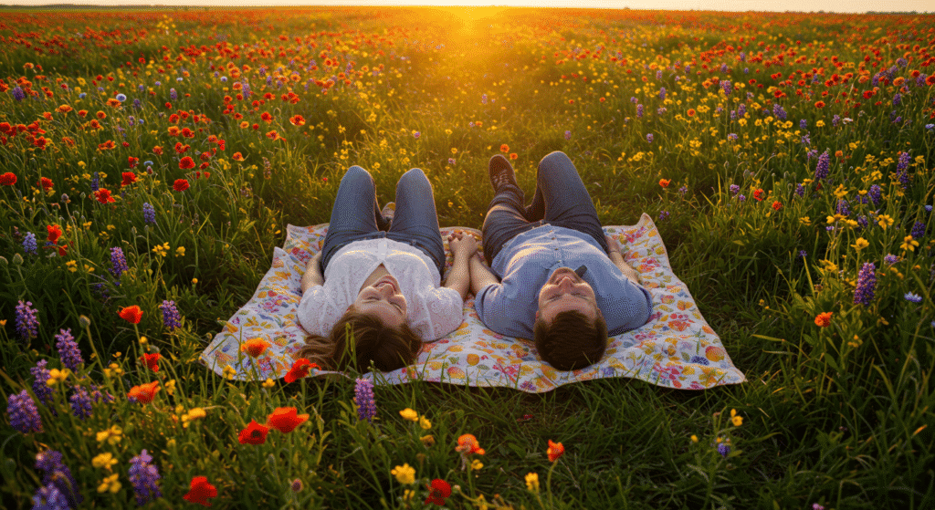 Casal em pôr do sol, vida leve e duradoura.