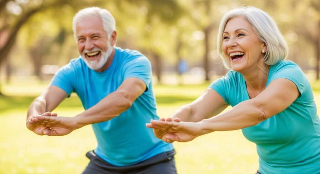 Casal idoso rindo e se exercitando em parque.