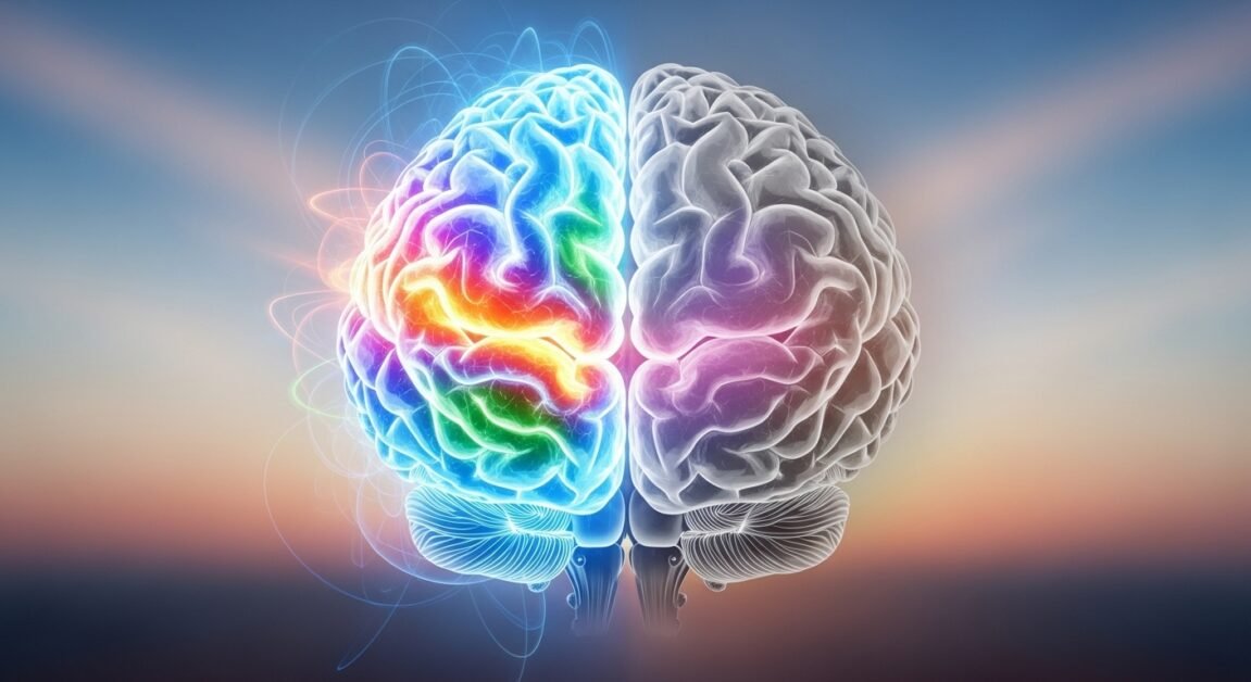 Cérebro humano com hemisférios vibrantes e calmos contrastantes, simbolizando foco e descanso.