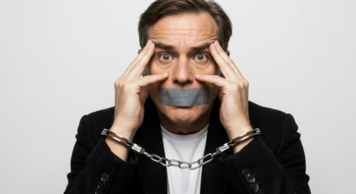 Homem com algemas e a boca lacrada com fita