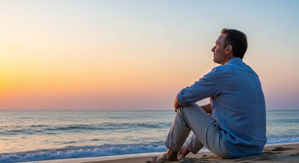 Homem em praia ao pôr do sol, vida plena.
