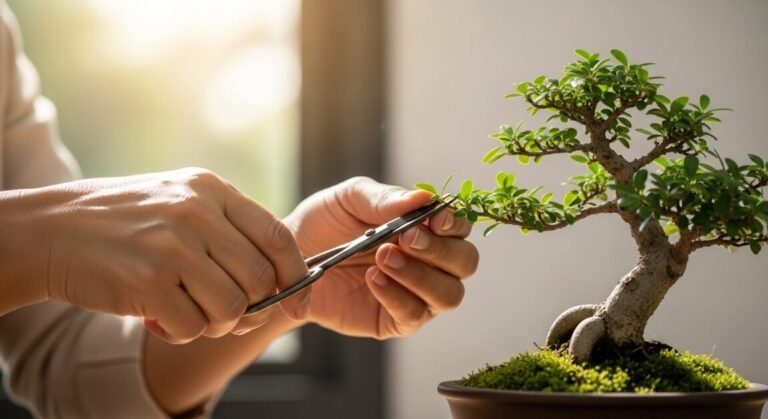 Mão cuidando de bonsai, simbolizando envelhecimento saudável e cuidado contínuo.