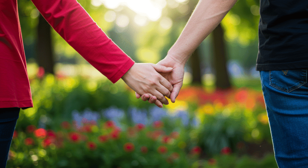 Mãos de casal entrelaçadas, apoio emocional.