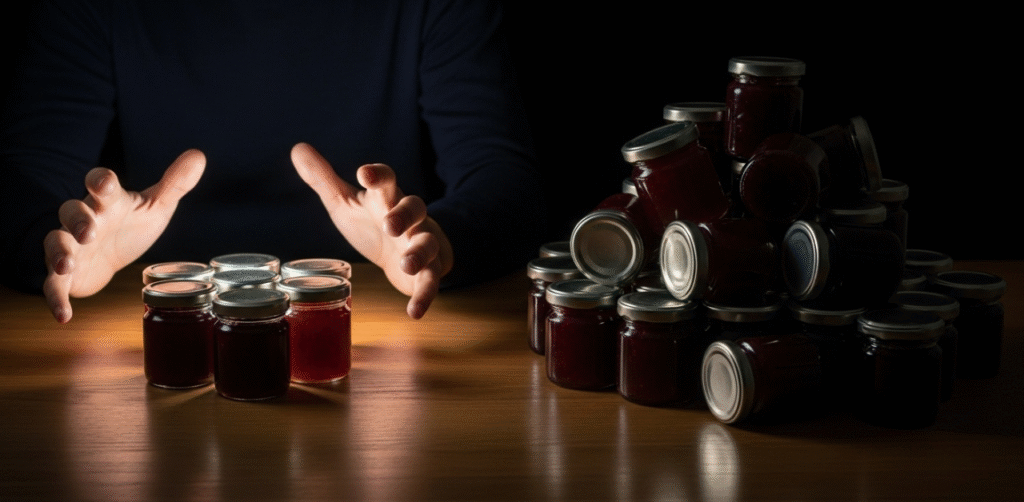 Mãos hesitando entre um pequeno grupo de potes de geleia iluminados e um grande grupo caótico