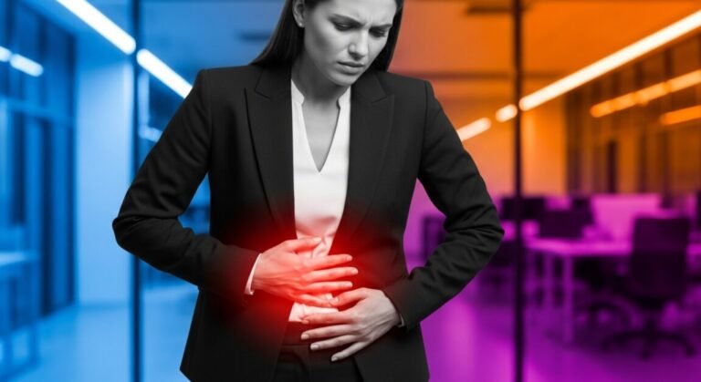Mulher em roupa de escritório com desconforto no estômago e fundo de cores vibrantes.