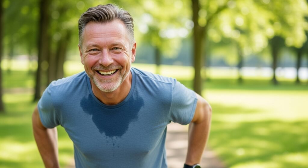 Pessoa de 50 anos sorrindo após exercício leve em parque com luz natural