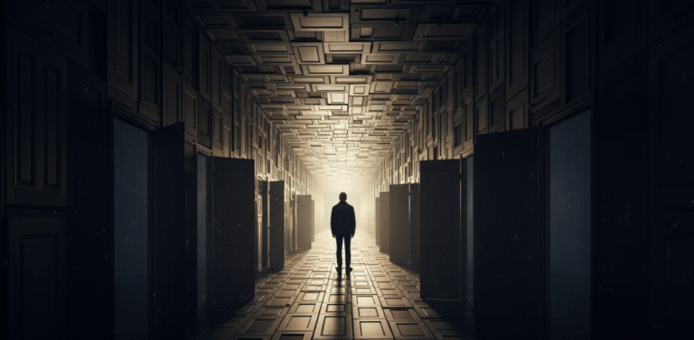 Pessoa paralisada em frente a um corredor infinito com inúmeras portas, representando a paralisia por análise causada pelo paradoxo da escolha.