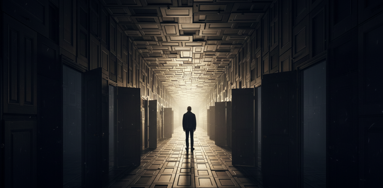 Pessoa paralisada em frente a um corredor infinito com inúmeras portas, representando a paralisia por análise causada pelo paradoxo da escolha.