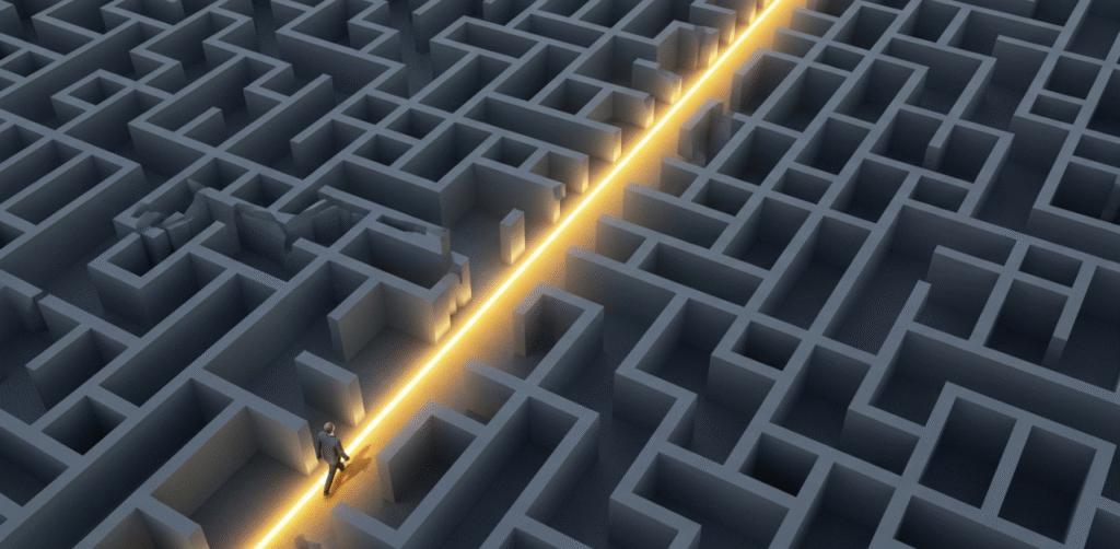 Pessoa seguindo um único caminho de luz dourada através de um labirinto cinza e complexo, representando a estratégia de simplificar as opções.