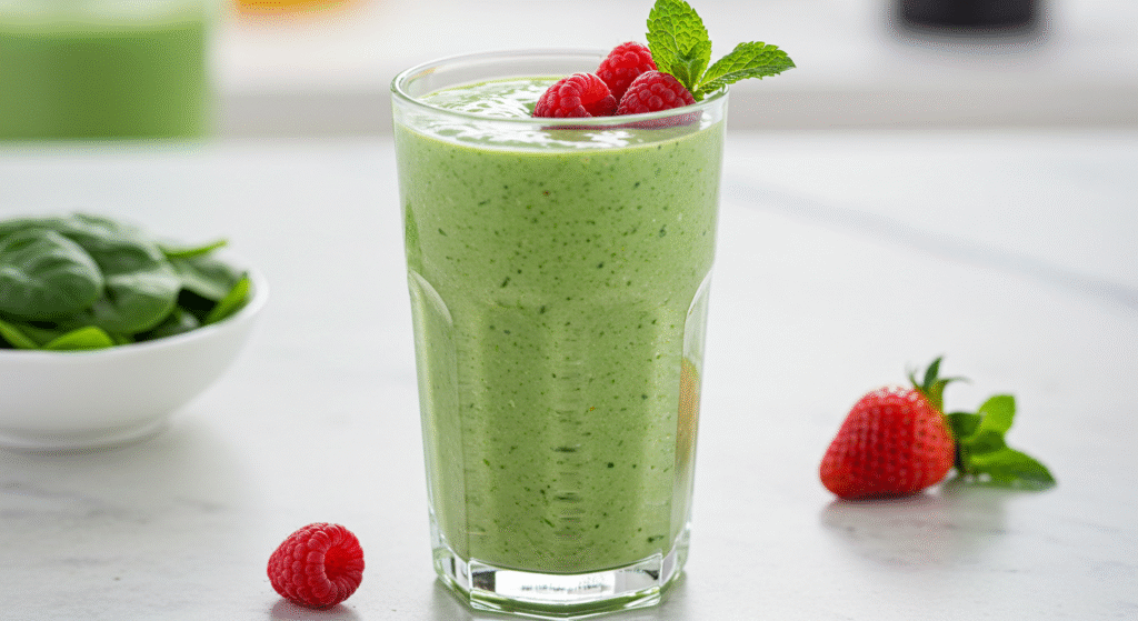 Shake nutritivo low carb em copo, com frutas