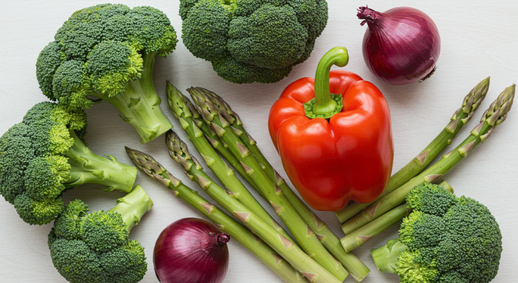 Vegetais coloridos, ricos em nutrientes para o metabolismo.
