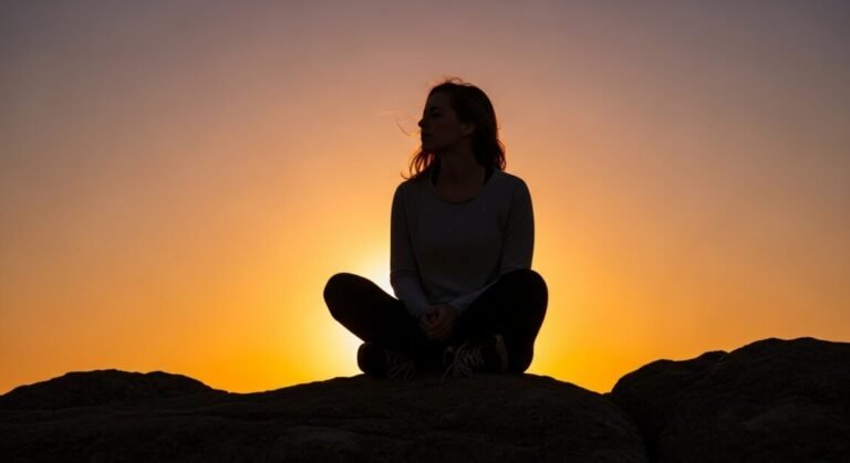 Mulher sentada em posição de meditação ao pôr do sol, com expressão contemplativa e cenário natural ao fundo.