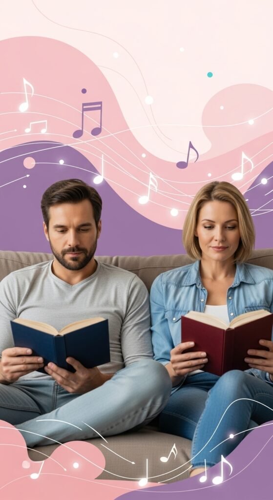 Casal lendo em sofá, fundo abstrato de Heinz Edelmann com notas musicais, simbolizando harmonia silenciosa