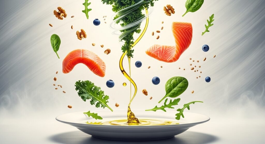 Alimentos da Dieta da mente (salmão, vegetais, frutas, azeite) caindo dinamicamente sobre um prato branco.
