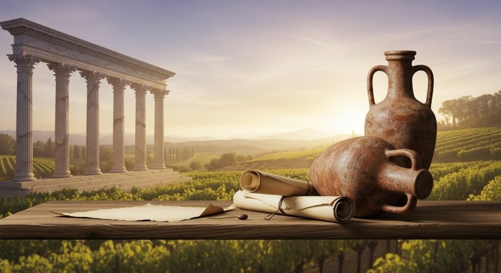 Ânforas e pergaminhos em cenário artístico que remete à história antiga do vinho.