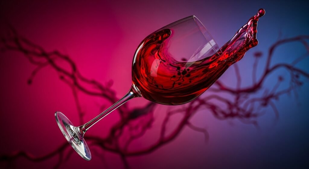 Cálice de vinho realista com líquido em movimento, formando padrões de vinhas e artérias.