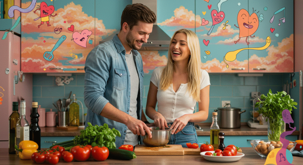 Casal cozinhando com fundo lúdico de Heinz Edelmann com corações e utensílios