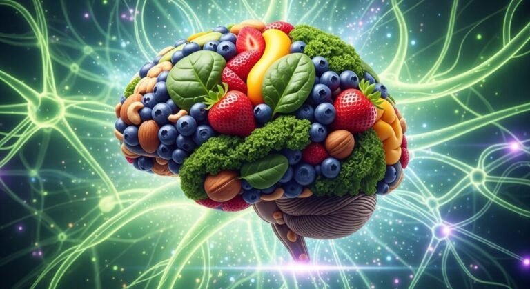 Cérebro composto por alimentos saudáveis sobre fundo abstrato de redes neurais.