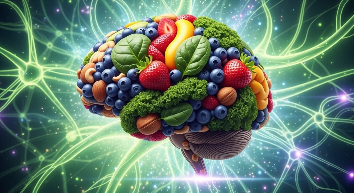 Cérebro composto por alimentos saudáveis sobre fundo abstrato de redes neurais.