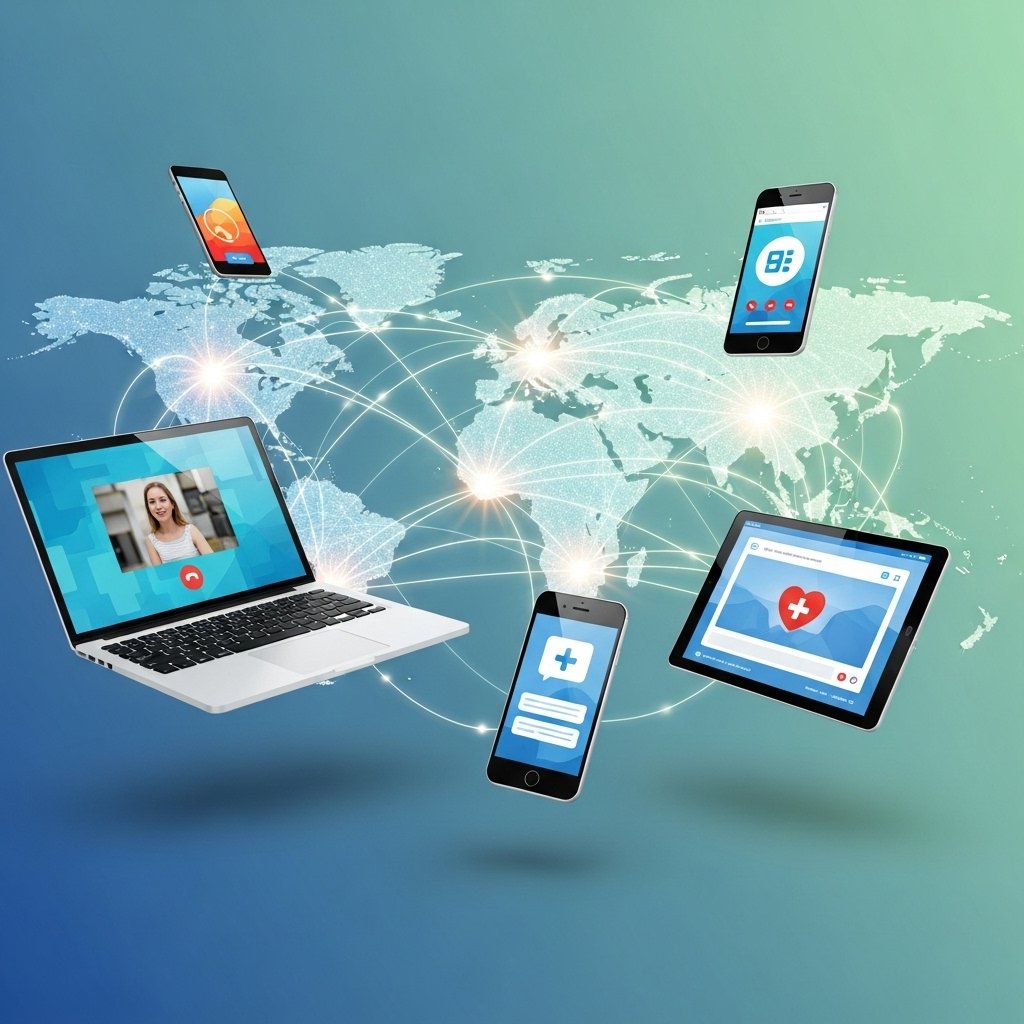 Dispositivos digitais conectados por linhas luminosas formando um mapa-múndi, simbolizando telemedicina global.