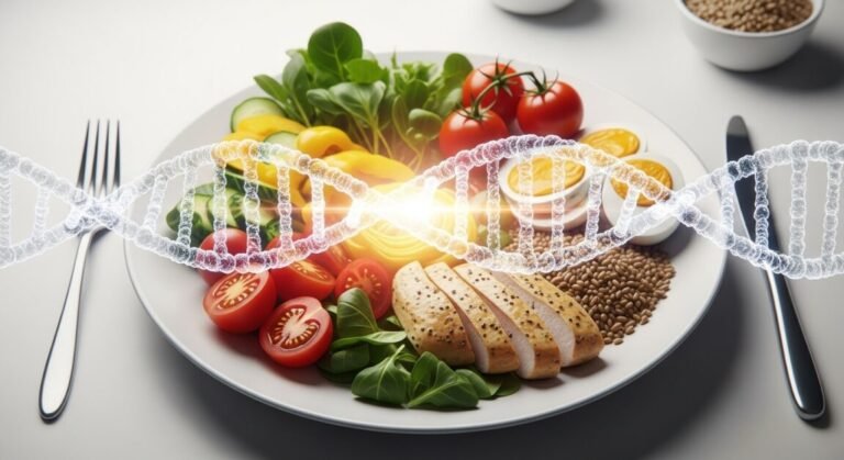 Dupla hélice de DNA brilhando sobre um prato de comida saudável, simbolizando nutrição personalizada.
