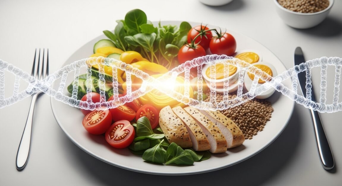 Dupla hélice de DNA brilhando sobre um prato de comida saudável, simbolizando nutrição personalizada.