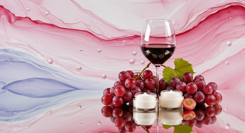 Elementos realistas de spa com uvas, vinho e cremes, sobre fundo abstrato em aquarela.