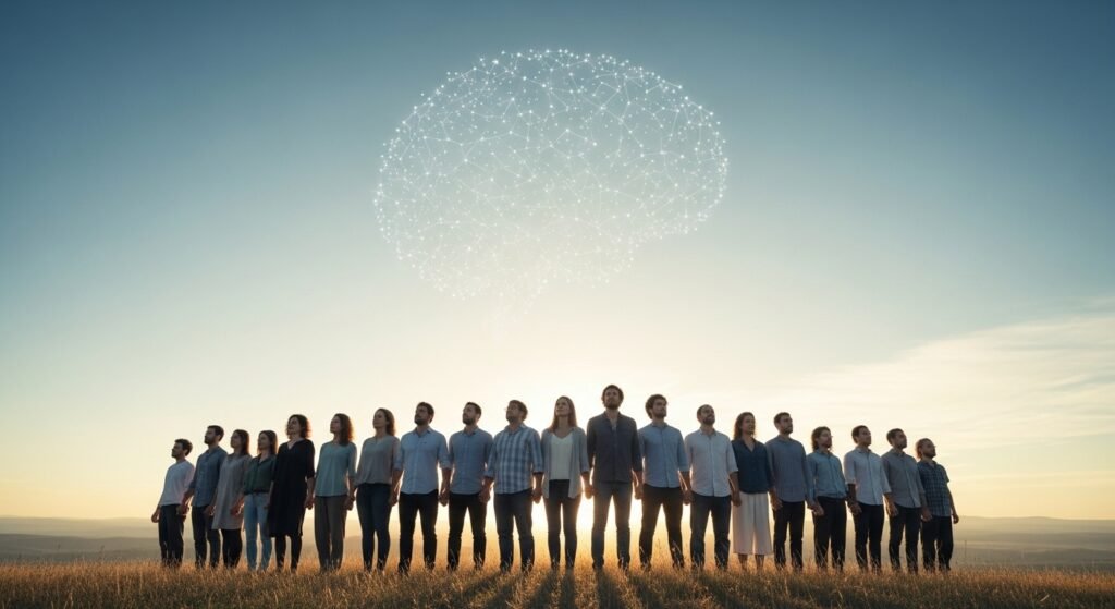 Grupo diverso de pessoas unidas em paisagem natural, observando o horizonte sob um céu com constelação sutil que lembra padrões cerebrais ou cardíacos.